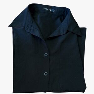 SHEIN Womens Solid Black Button Down Long Sleeve Shirt Blouse XS‎ Pocket